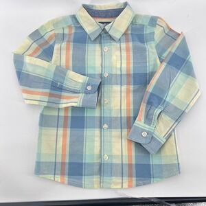OshKosh B'gosh Boys 5T Blue Orange Plaid 100%Cotton Long Sleeve Button Up Shirt